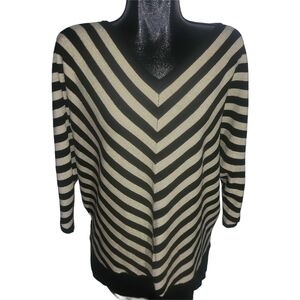 Joan Vass Striped V-Neck Sweater In Black and Gold 3X